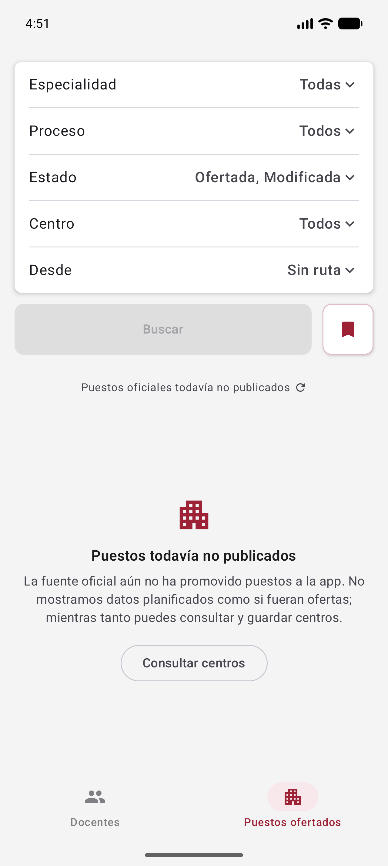 Pantalla de puestos ofertados en Docentes CARM